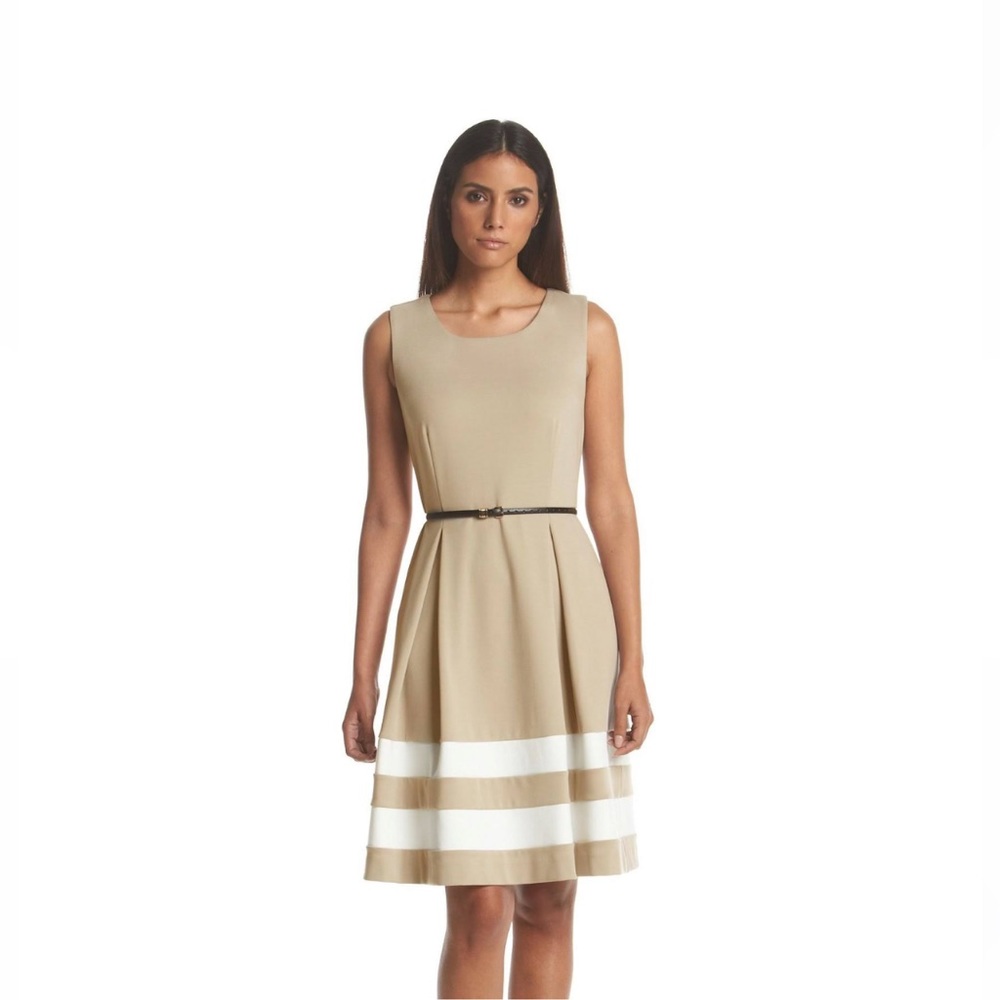 NWT Calvin Klein Khaki Pointe Knit Striped Hem Dress Size 12